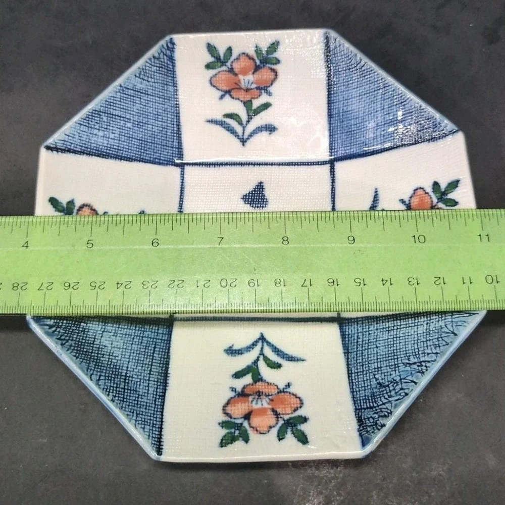 Octagonal Blue & White Floral Ceramic Bowl, Replacement Hand-painted Asian Decor